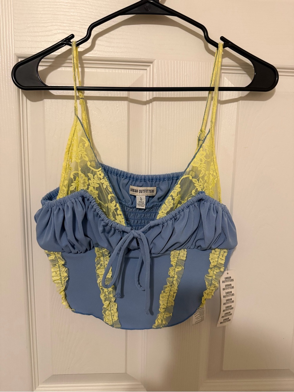 Urban Outfitters Blue Crop Tank with Yellow Lace Accents